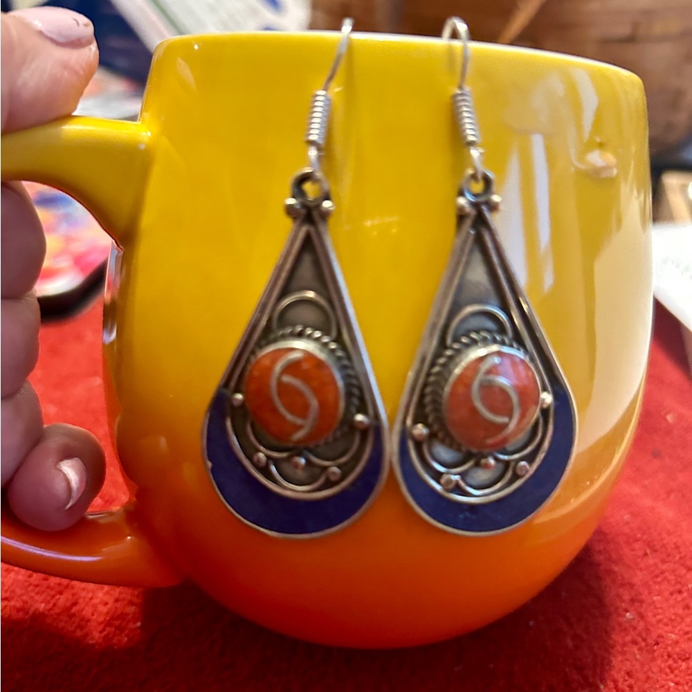 Tibetan Handcrafted Earrings Lapis & Coral NEW